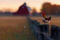 Rooster perched on wooden fence post at sunrise with red barn silhouette in background, creating rustic farm atmosphere in golden morning light.