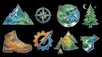 Watercolor outdoor adventure sticker set isolated on transparent background. Hiking boot, mountains, compass, tent, eagle, pine tree, arrow clipart for t-shirt design, print on demand, sublimation.