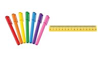 Colorful markers in rainbow spectrum arrangement with yellow measuring tape isolated on white background, ready for design, education, and craft projects.