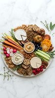 Gourmet cheese and charcuterie board with fresh vegetables, nuts, berries and crackers arranged on marble surface for entertaining and appetizers.