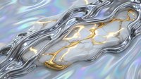 Liquid metal chrome waves with golden accents flowing over iridescent holographic surface creating futuristic abstract background for modern design projects.