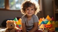 Cheerful mixed-race toddler with curly hair smiling while playing with colorful paper crowns and teddy bear in sunlit room, capturing authentic childhood joy and imagination.