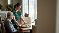 Female caregiver in green scrubs serving healthy meal to elderly Caucasian man at home dining table near bright window for senior care services.