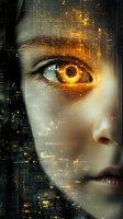 Close-up of female face with glowing orange cybernetic eye overlay and digital circuit patterns merging with skin, representing artificial intelligence and future technology.