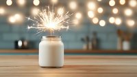 Glowing sparkler in white ceramic jar on wooden table against blurred bokeh lights background creates magical festive atmosphere for celebration moments.