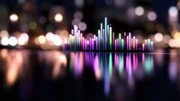 Colorful audio spectrum equalizer bars reflecting on glossy surface with blurred bokeh lights background, creating vibrant music visualization display.