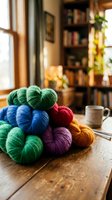 Colorful yarn balls arranged on rustic wooden table in cozy home interior with bookshelf and natural window light for knitting and crafting projects.
