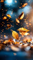Golden autumn leaves dancing in magical light with glowing bokeh particles against deep blue background, creating ethereal seasonal atmosphere.