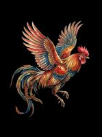 Colorful rooster with spread wings in detailed watercolor style, isolated on transparent background, ready for t-shirts, stickers, print on demand, and sublimation.