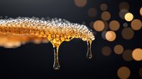 Golden honey drips with crystallized texture against dark background with bokeh lights, macro photography showing viscous liquid amber drops falling.