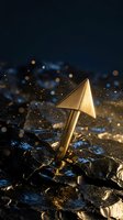 Golden arrow pointing upward emerging from cracked dark surface with bokeh lights symbolizing growth breakthrough and success in business concepts.
