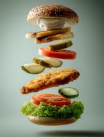 Floating layers of crispy chicken burger with fresh vegetables and sesame bun captured in dynamic levitation style against soft green background.