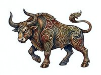 Ornate bull with decorative swirling patterns and gold accents, isolated on white background, suitable for logos, t-shirt designs, and branding materials.