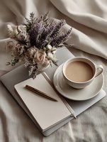 Cozy morning flatlay with cup of coffee, open notebook, gold pen and lavender bouquet with dried roses on beige textile background.
