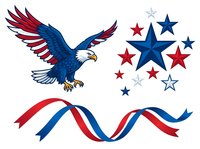 Bald eagle with red and blue wings, patriotic stars in red white and blue, and intertwined ribbon banner in national colors. Isolated clipart elements for design projects.
