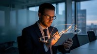 Professional businessman using futuristic holographic tablet technology in modern office environment with city skyline background at dusk.