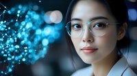 Young Asian businesswoman with glasses analyzing digital data network connections in modern tech office environment for corporate innovation projects.