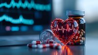 Glowing red heart with ECG pulse line near medicine pills and bottle on blue background with medical chart, healthcare concept for cardiology treatment.