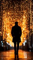 Silhouetted figure standing in urban tunnel illuminated by warm golden bokeh lights, creating atmospheric nighttime scene for conceptual and inspirational design projects.