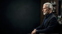 Senior man with gray hair and beard, wearing dark blazer and blue shirt, sitting in profile against dark interior background with shelving. Mature professional male in business casual attire for corporate, leadership, and lifestyle concepts.
