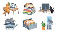 Cartoon cats using computer, sitting on books, playing with cables, sleeping on printer, organizing files and drinking water. Isolated clipart collection on white background, ready for design projects, web graphics, educational materials, t-shirts and children's illustrations.