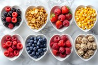 Healthy breakfast ingredients in white bowls on marble background. Fresh berries, granola, corn and energy balls arranged in neat rows for meal prep.