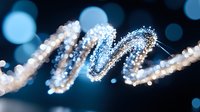 Glowing spiral light trail with bokeh effect against dark blue background creates magical atmosphere. Blurred sparkles add dreamy ethereal mood.