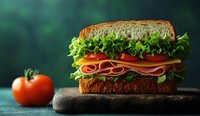 Fresh sandwich with turkey, ham, cheese, tomatoes and lettuce on toasted bread, served on wooden cutting board against dark green background. Fresh tomato aside.