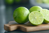 Fresh whole and halved lime fruits on wooden cutting board with textured peel and juicy flesh, macro view on dark background for food photography.