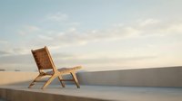 Wooden lounge chair on modern rooftop terrace with sunset sky, minimalist outdoor furniture design for relaxation and contemporary home decor.