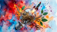 Creative lightbulb with gears and rocket launch surrounded by colorful watercolor splashes and green leaves representing innovation and bright ideas.