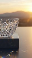 Crystal cut glass bowl on dark marble stand with golden sunset and mountain backdrop, light refracting into rainbow prisms on surface.