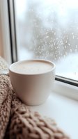 White ceramic cup with hot cocoa on windowsill with knitted blanket during rainy day, creating cozy atmosphere with raindrops on window glass and soft natural lighting.