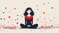 Young Asian woman in red dress sitting cross-legged in meditation pose surrounded by floating red and black hearts on light background, minimalist illustration style.