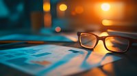 Reading glasses on business documents with warm sunset light through window, creating atmospheric bokeh effect and moody evening workspace ambiance.