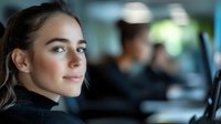Young woman with blonde hair and blue eyes smiling confidently while sitting in modern office environment. Natural lighting highlights professional appearance and positive expression.