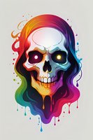 Colorful skull with rainbow gradient effect and glowing eyes, dripping paint style with splatter details on light background. Artistic gothic design element.