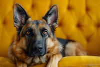 German Shepherd dog with alert expression lying on yellow tufted sofa, close up portrait showing distinctive facial features and pointed ears against golden background.