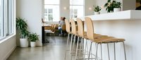 Modern kitchen counter with wooden bar stools and metal legs, bright natural light from windows, potted plants, minimalist interior design for home decor and contemporary living spaces.