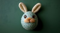 Handcrafted mint green polka dot bunny head with beige crochet ears and embroidered nose against dark background, suitable for nursery decor and children room design.