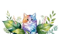 Colorful watercolor kitten with orange and blue fur sitting among green botanical leaves and plants on white background for design projects.