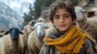 Young shepherd boy wearing yellow scarf stands with flock of sheep in mountain landscape. Close up portrait shows gentle expression against blurred pastoral background.