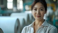 Young Asian woman professional in white button-up shirt smiling confidently in industrial setting with large paper rolls in background, workplace portrait.