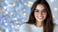 Young Asian woman in glasses and white sweater smiling warmly against blurred bokeh lights background. Natural makeup and long dark hair create welcoming professional look.