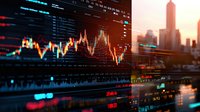 Financial market data visualization showing stock price movements and trading charts against blurred urban skyline background at sunset.
