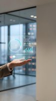 Businessman hand presenting holographic data visualization interface with charts and analytics in modern office environment for business presentations.