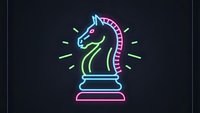 Neon chess knight piece glowing in vibrant colors against dark background for gaming and strategy concepts.