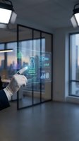 Hand in white glove touching holographic display with security icons, access granted message, and data analytics charts in modern office environment for technology concepts.
