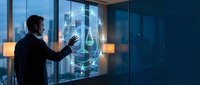Professional businessman interacting with futuristic holographic interface displaying scales of justice in modern office environment at dusk.