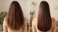 Before and after hair transformation showing frizzy, damaged hair becoming smooth, straight, and healthy after treatment in a bright salon setting.